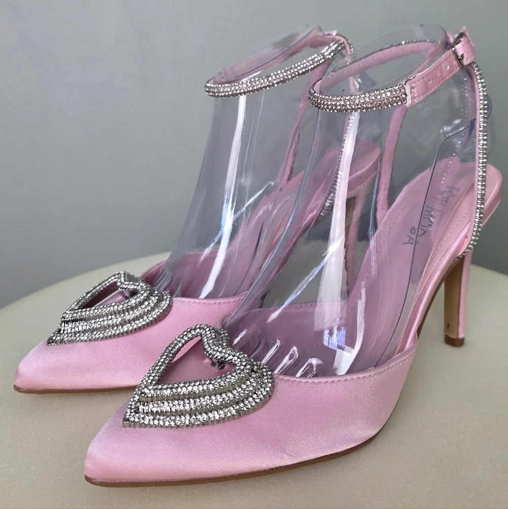 TOP MODA Pink Satin Freya Pointed Toe Sparkly Heart Ankle Strap Heel, Size 6.5